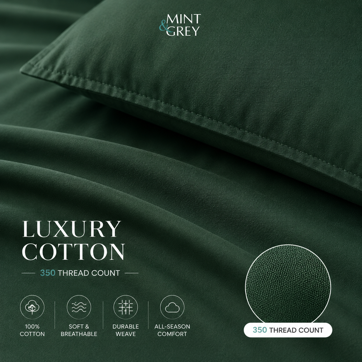 MintnGrey Luxury Cotton satin 350 Thread Count bed sheet set - Royal Green