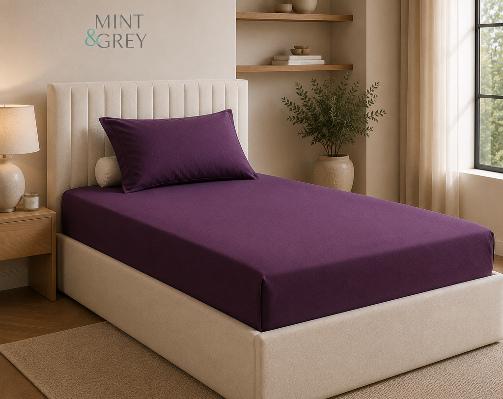 MintnGrey Luxury Cotton satin 150 Thread Count bed sheet Single - Purple