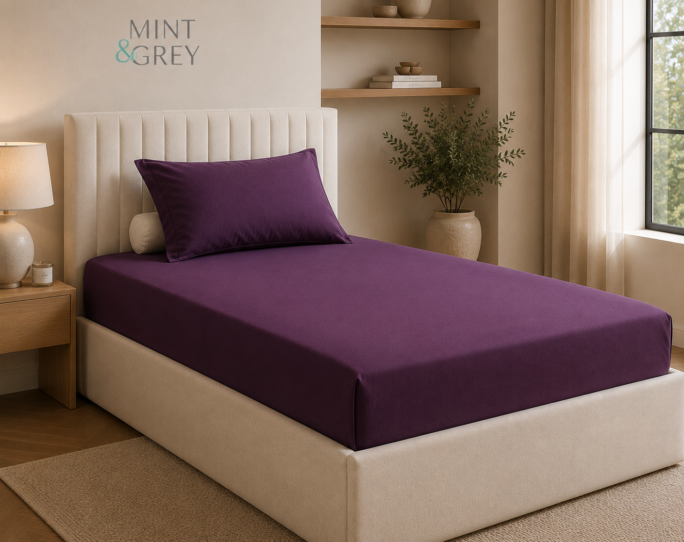 MintnGrey Luxury Cotton satin 150 Thread Count bed sheet Single - Purple