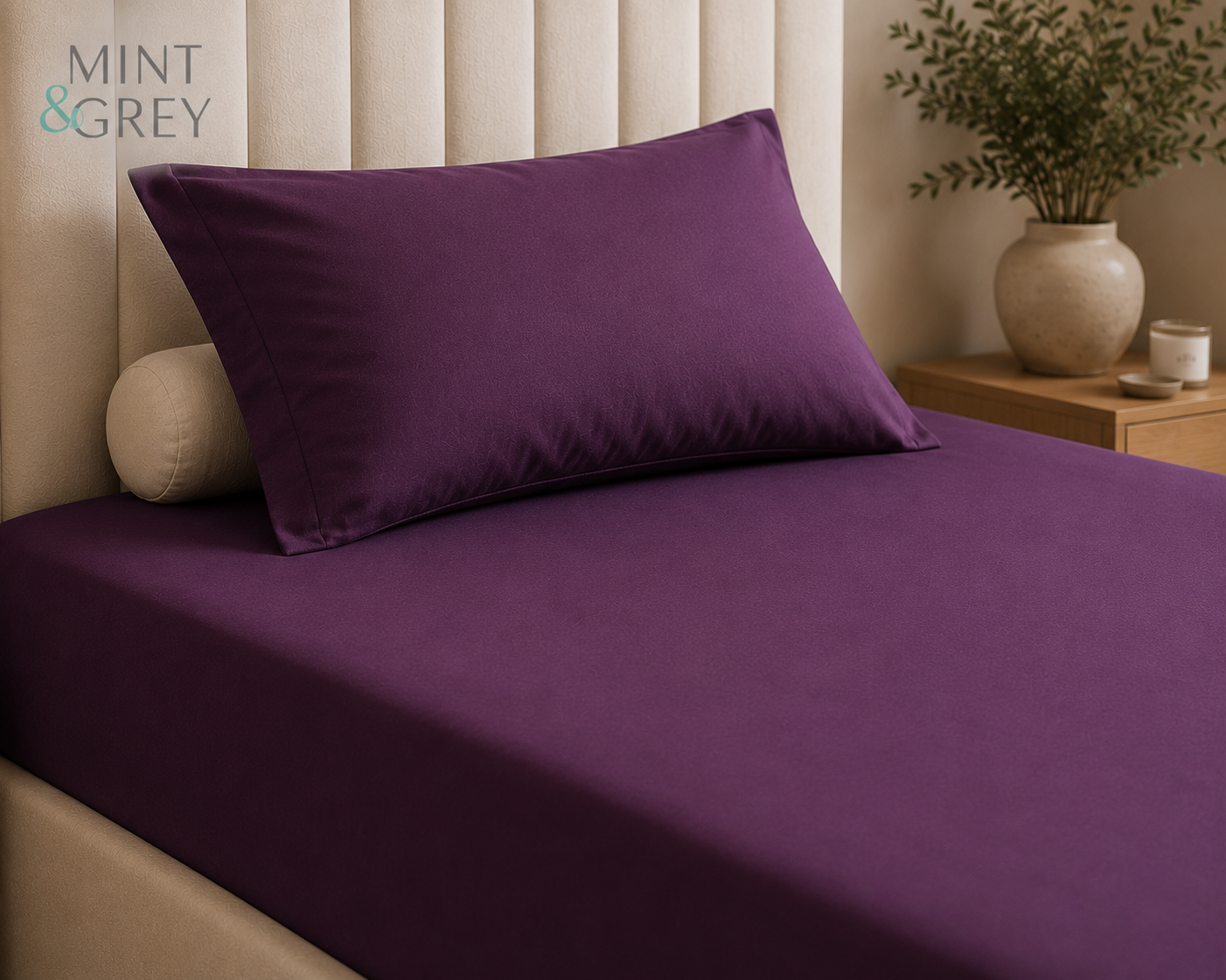 MintnGrey Luxury Cotton satin 150 Thread Count bed sheet Single - Purple