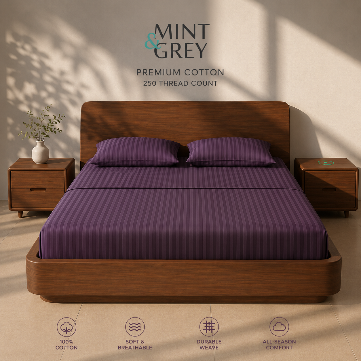 MintnGrey Luxury Self Striped Cotton 250 thread count | Purple