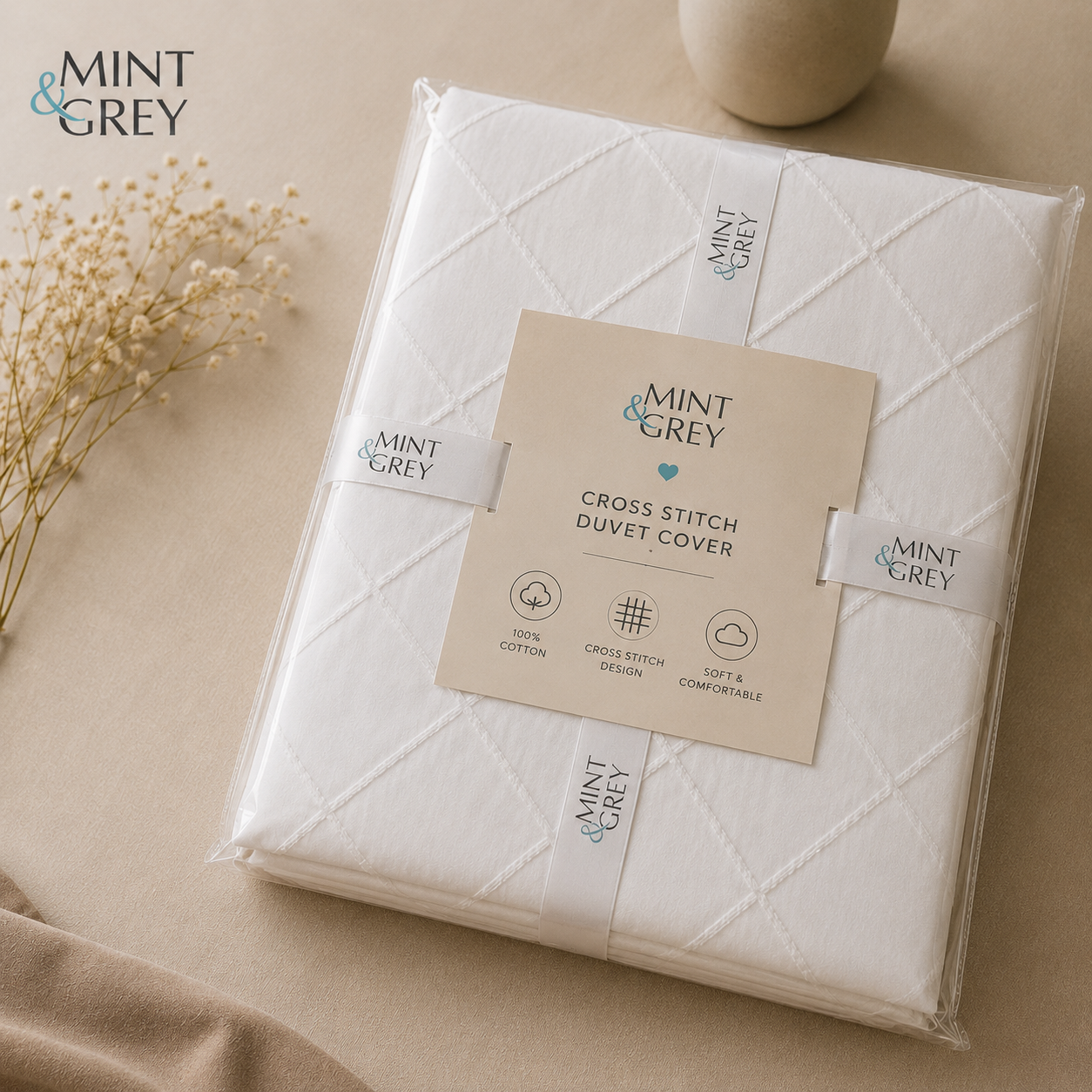 MintnGrey Luxury Cross Design Duvet Cover - White