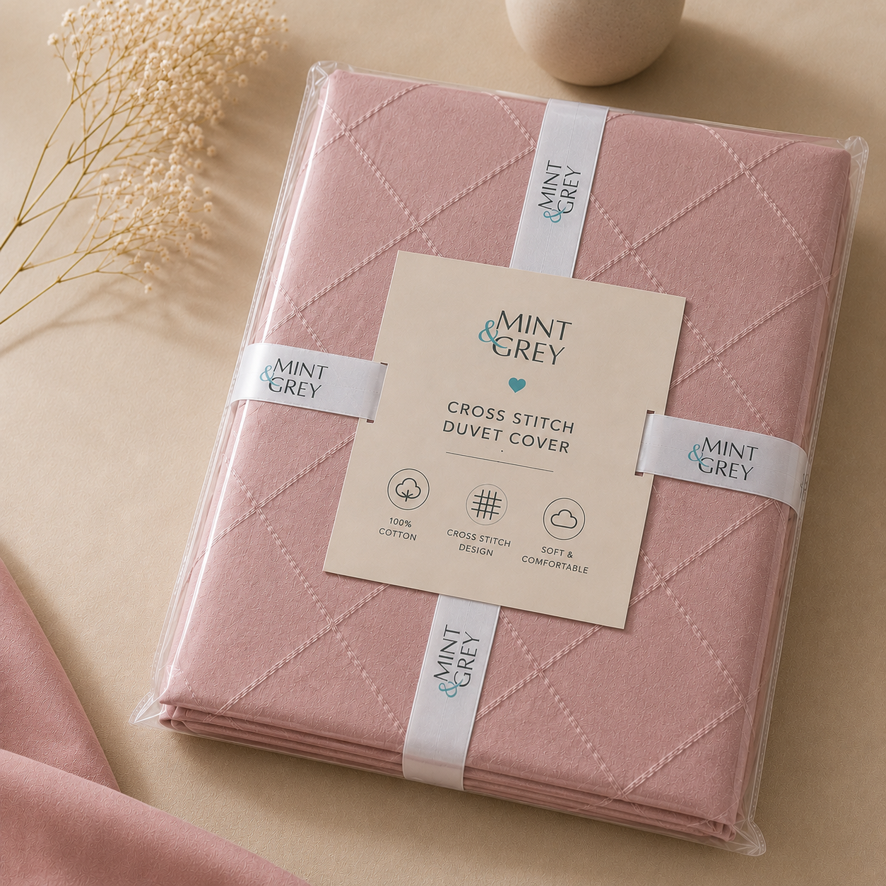 MintnGrey Luxury Cross Design Duvet Cover - Dusty Pink