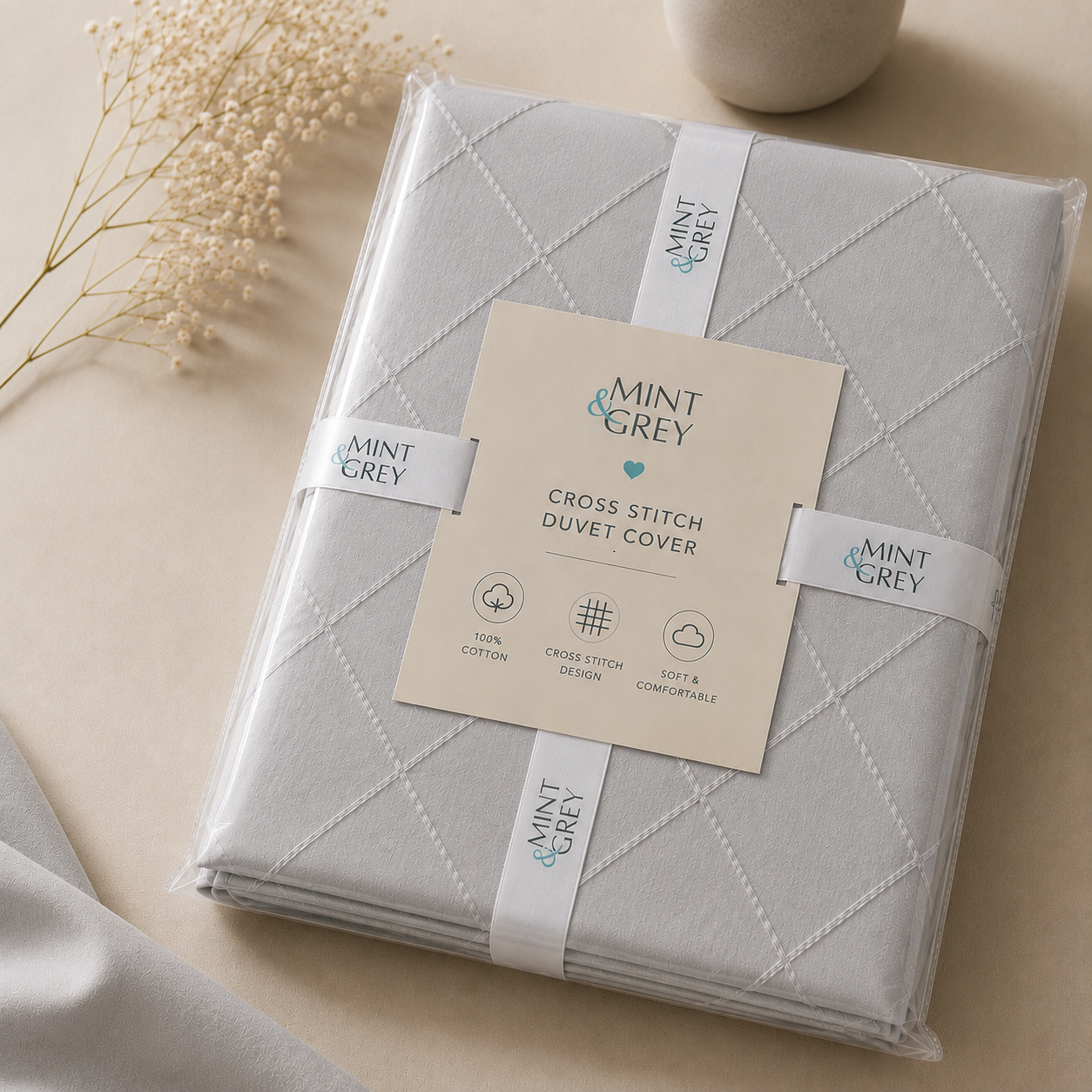 MintnGrey Luxury Cross Design Duvet Cover - Light Grey