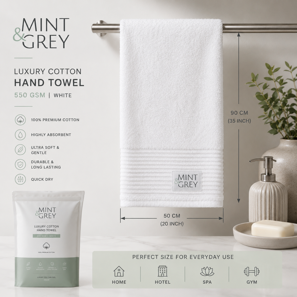 MintnGrey Luxury Cotton Hand Towel 550 GSM | White