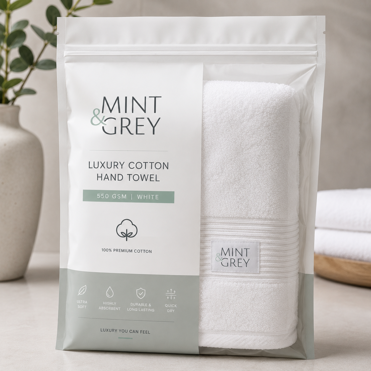 MintnGrey Luxury Cotton Hand Towel 550 GSM | White