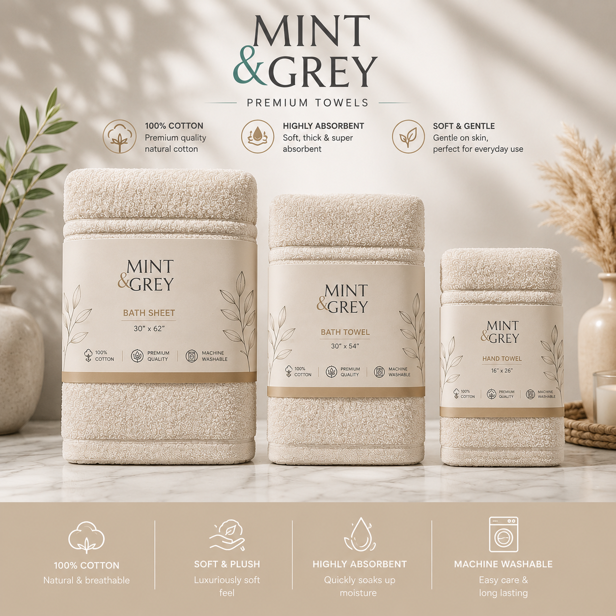 MintnGrey Luxury Cotton Towel Set - Beige