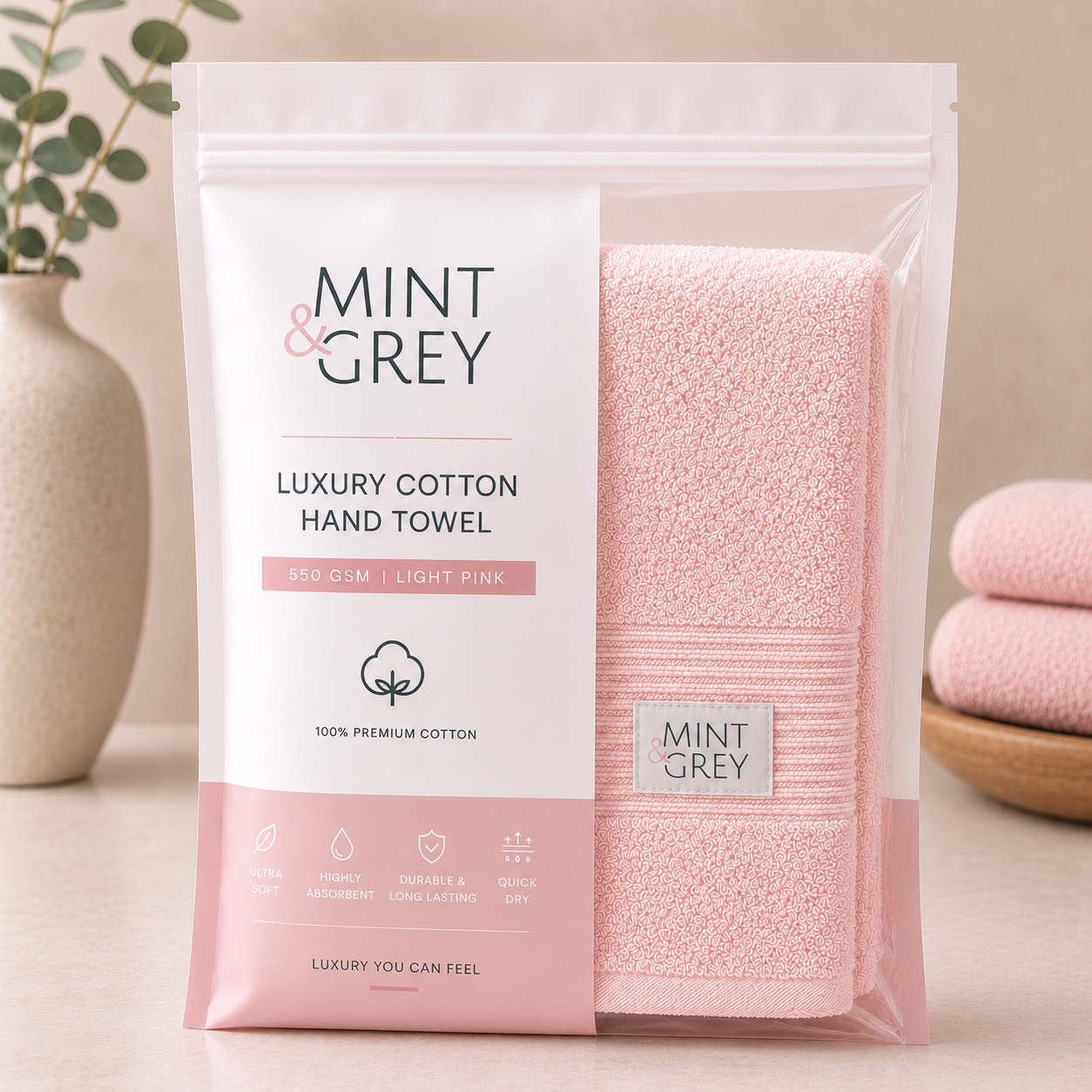 MintnGrey Luxury Cotton Hand Towel 550 GSM | Pink