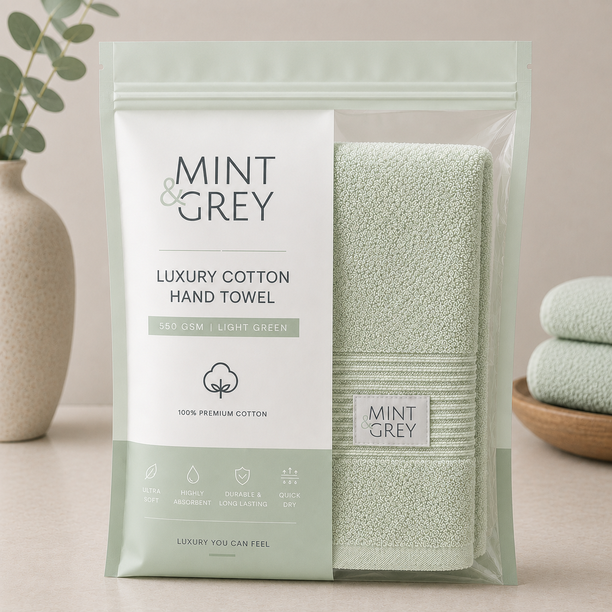 MintnGrey Luxury Cotton Hand Towel 550 GSM | Light Green