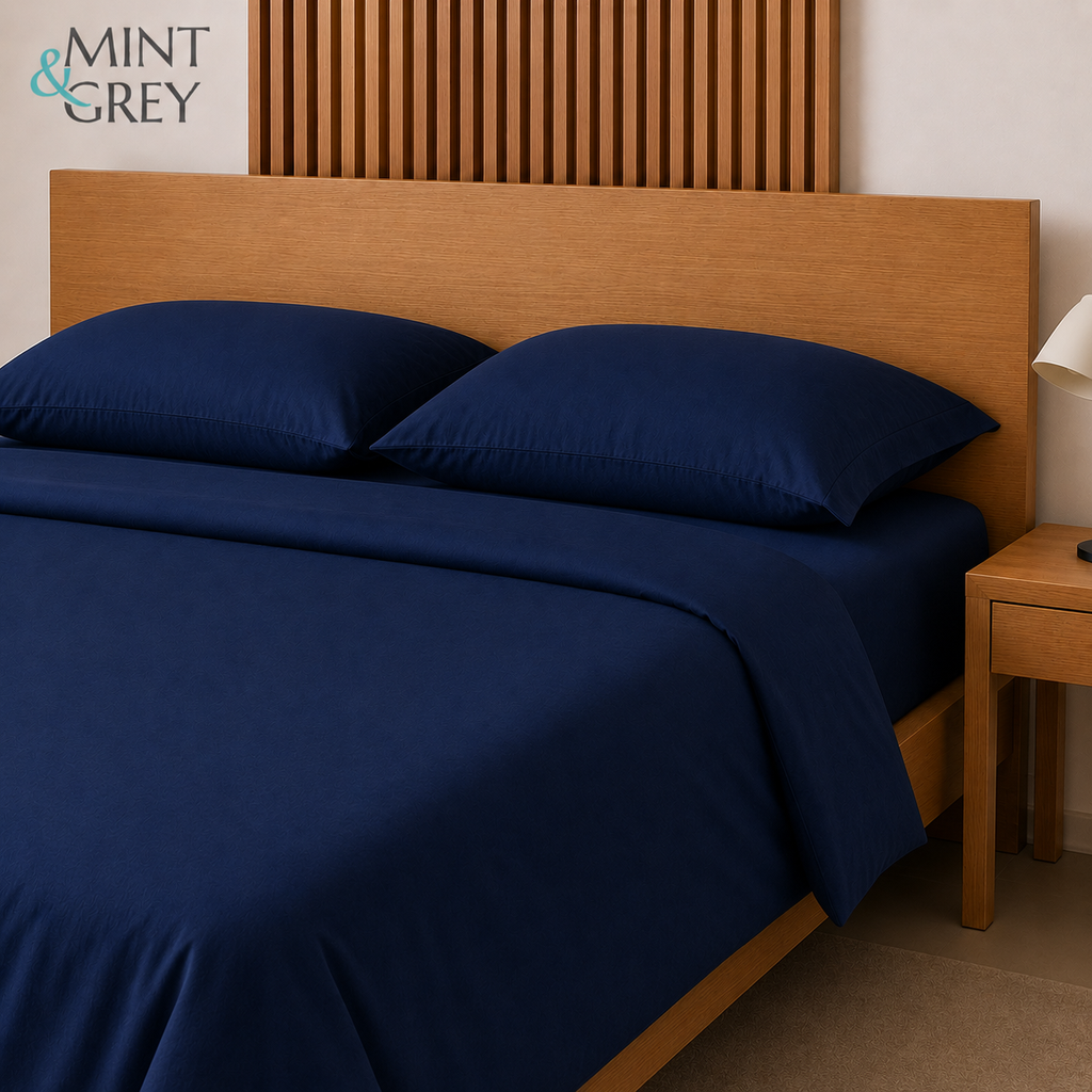 MintnGrey Luxury Cotton satin 350 Thread Count bed sheet set - Navy Blue