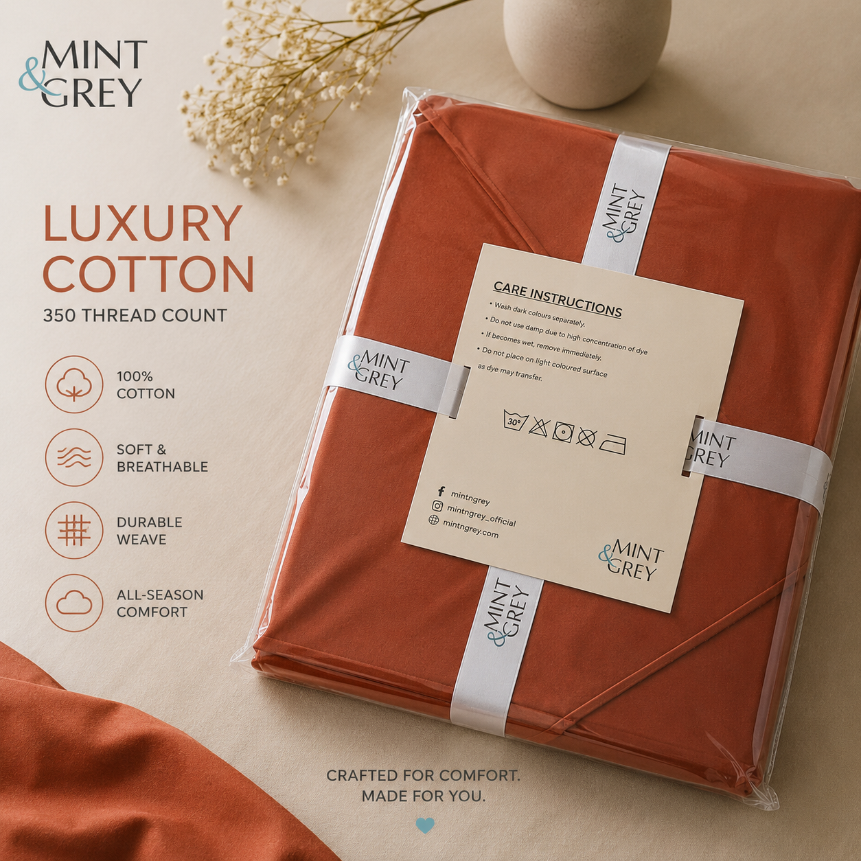 MintnGrey Luxury Cotton satin 350 Thread Count bed sheet set - Rust