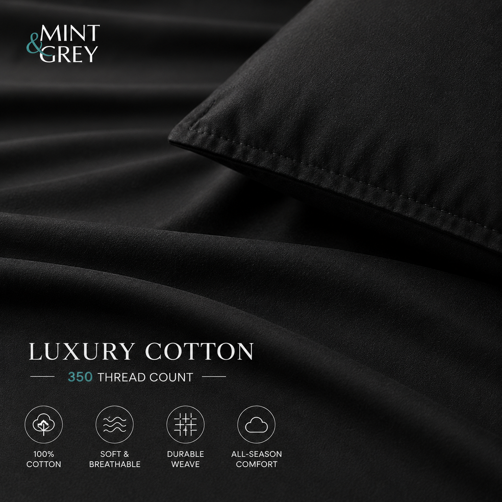MintnGrey Luxury Cotton satin 350 Thread Count bed sheet set - Black