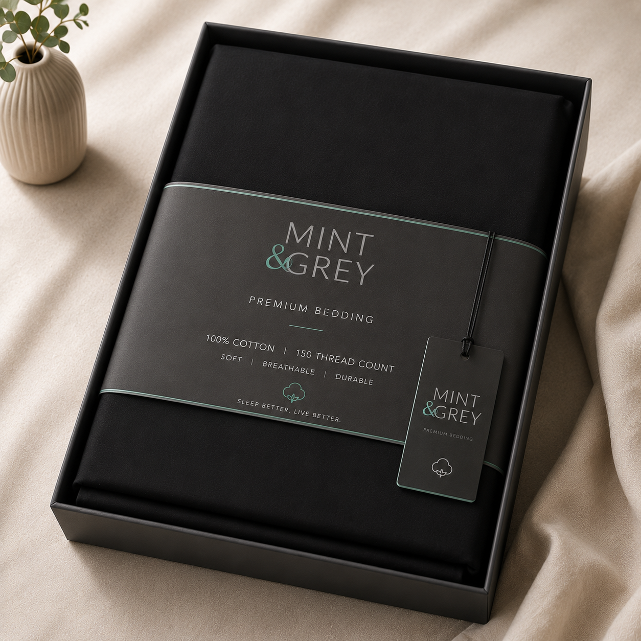 MintnGrey Luxury Cotton satin 150 Thread Count bed sheet Single - Black