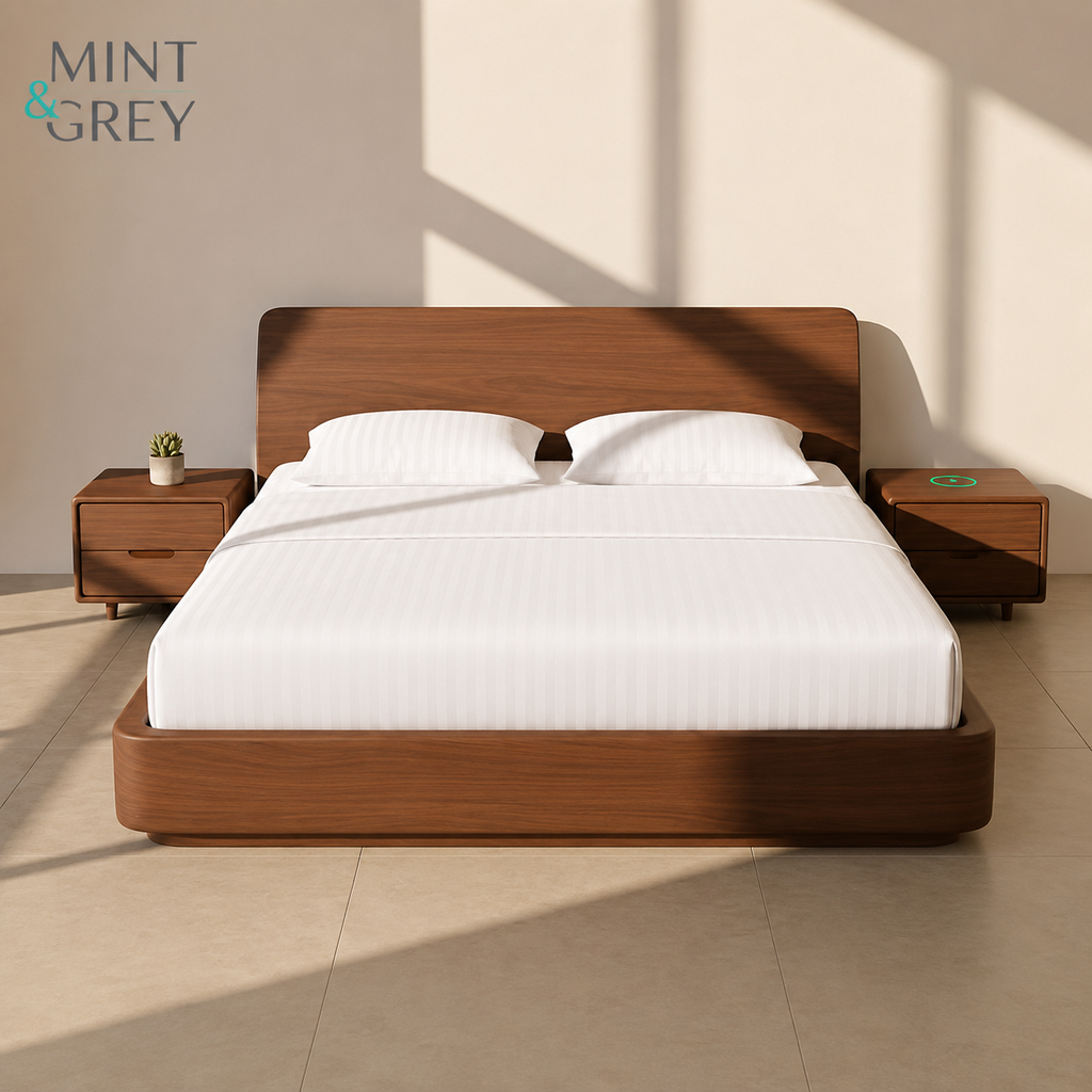 MintnGrey Luxury Self Striped Cotton 250 thread count | White