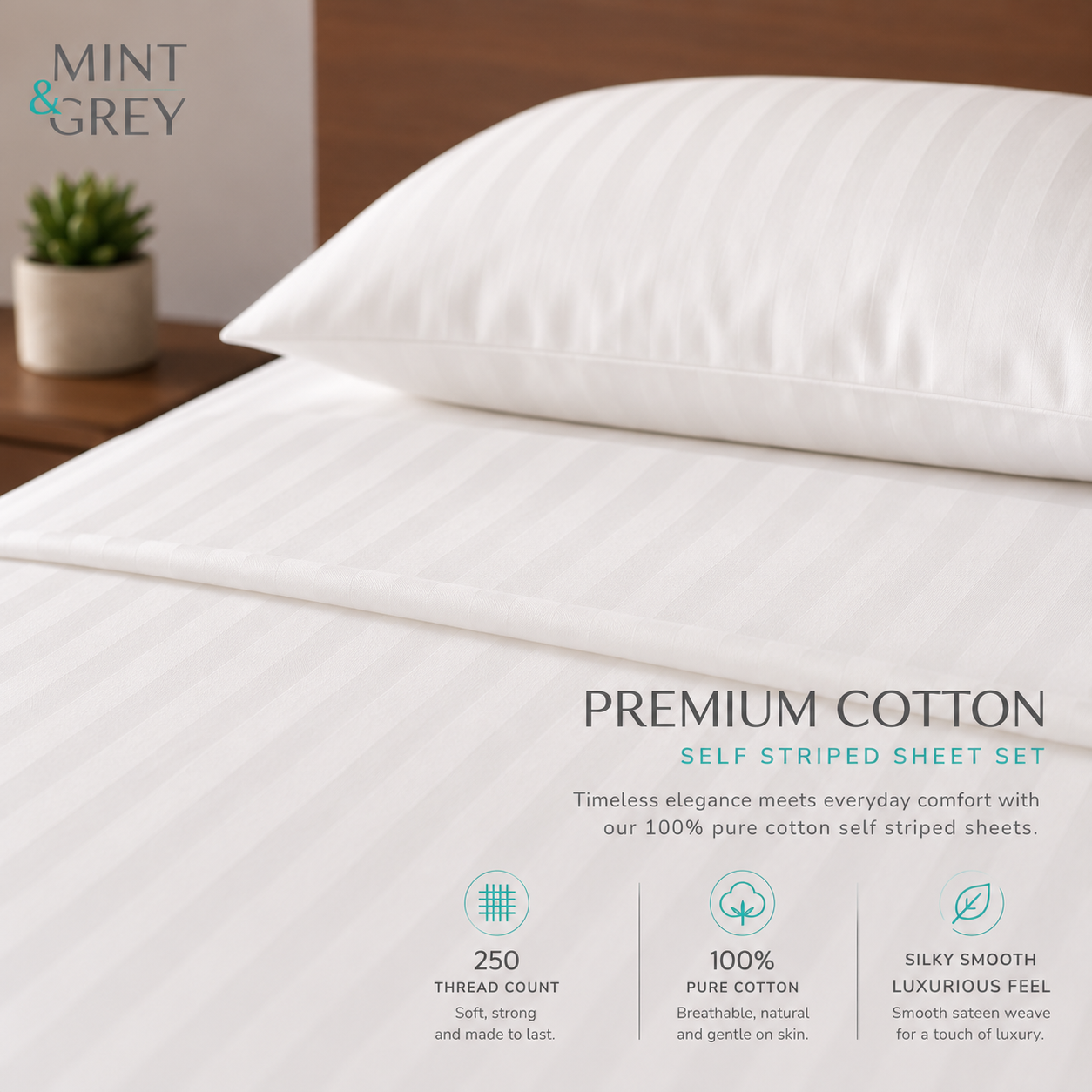 MintnGrey Luxury Self Striped Cotton 250 thread count | White