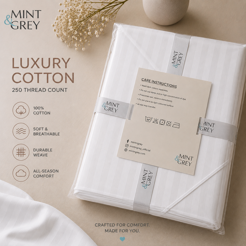 MintnGrey Luxury Self Striped Cotton 250 thread count | White