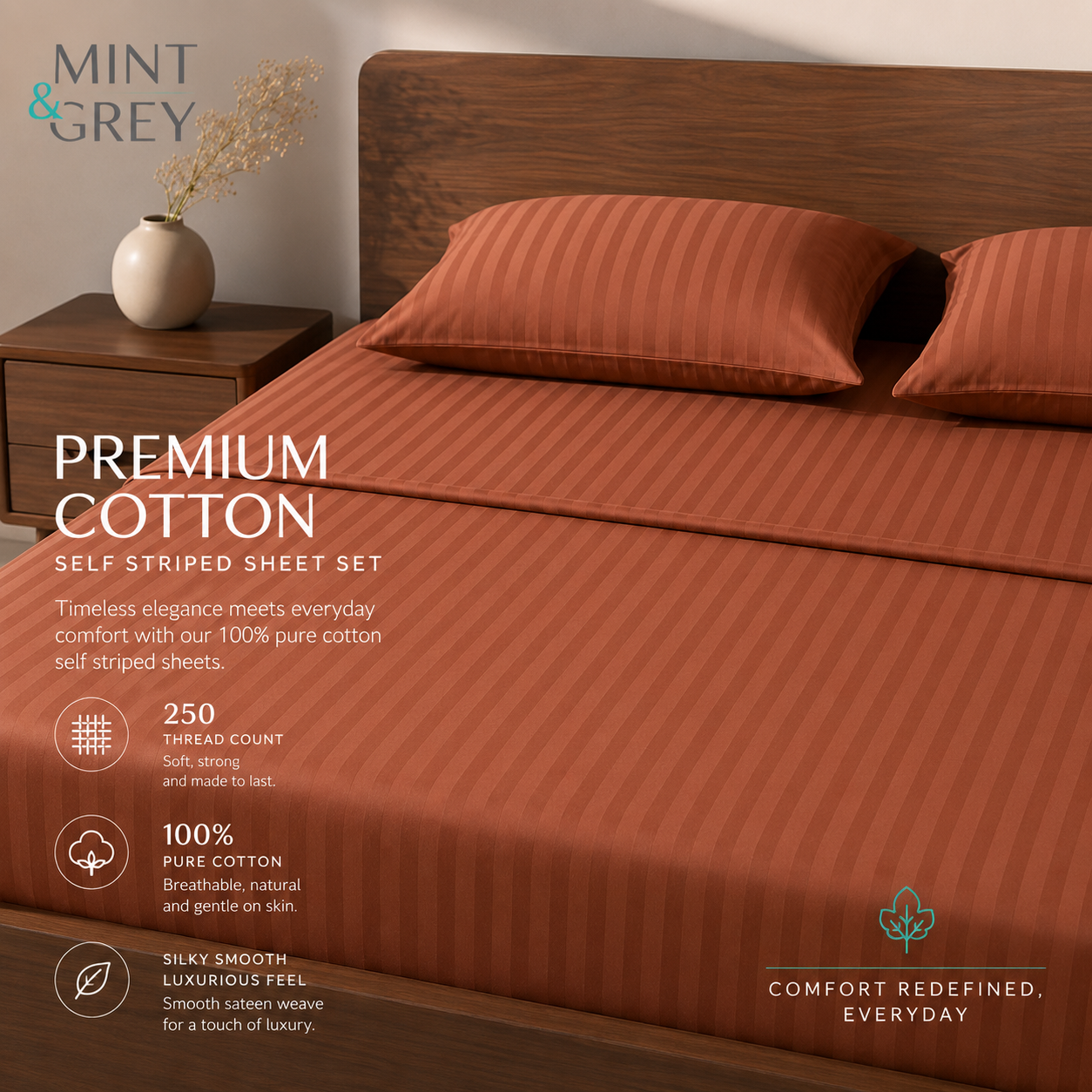 MintnGrey Luxury Self Striped Cotton 250 thread count | Rust