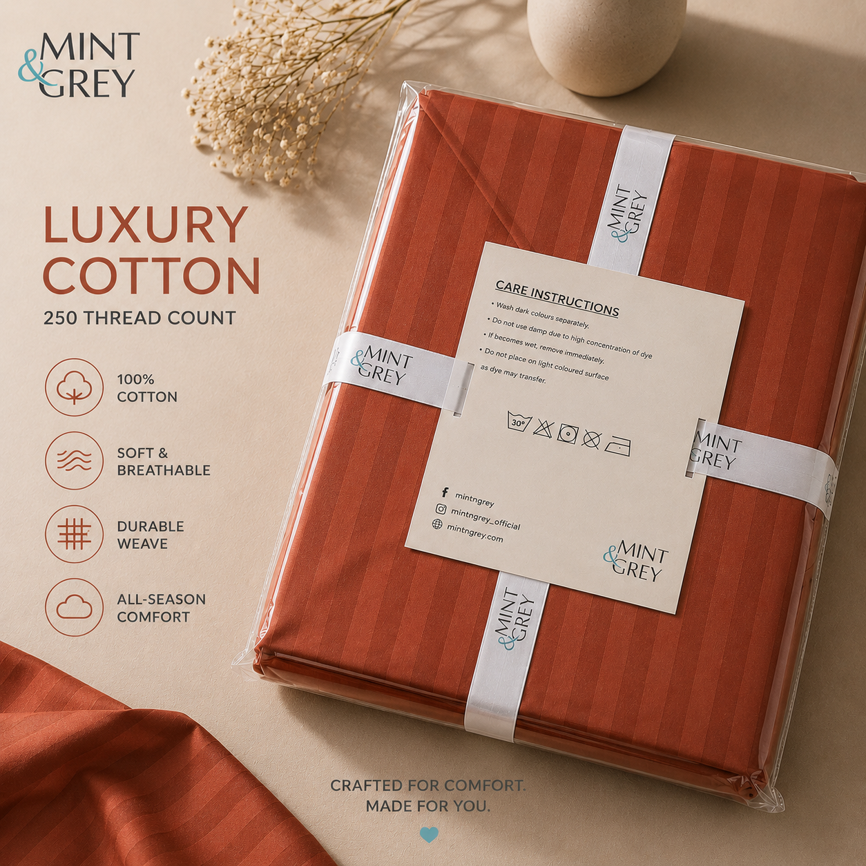 MintnGrey Luxury Self Striped Cotton 250 thread count | Rust
