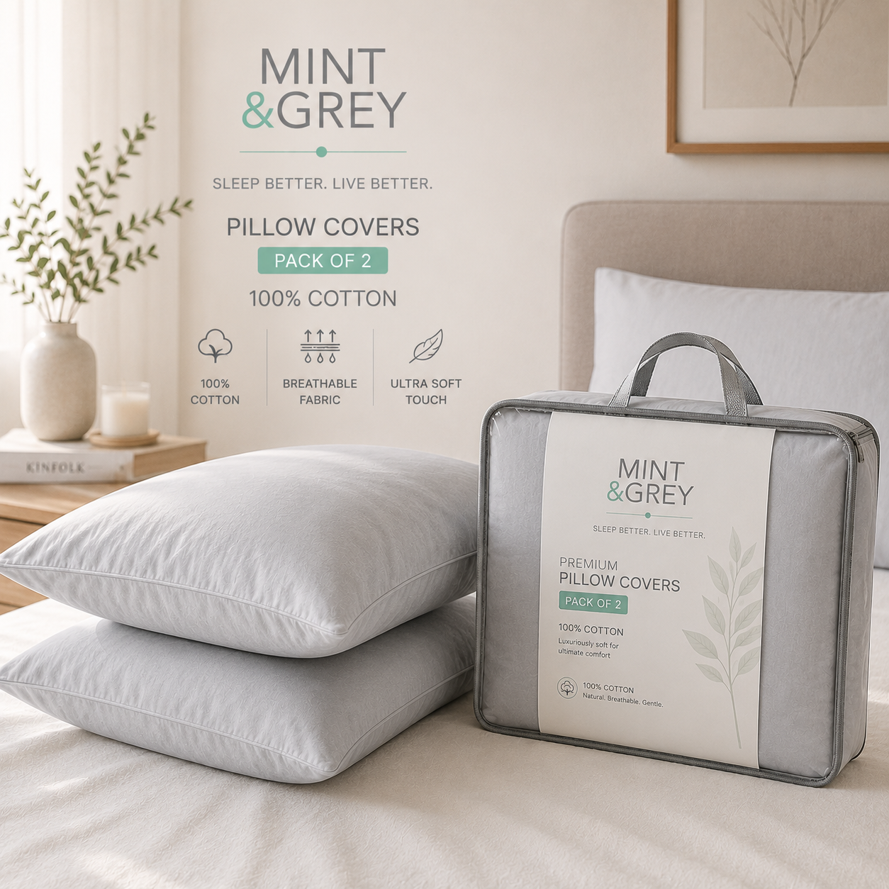 MintnGrey Assorted Pillow Cases Cotton - Light grey