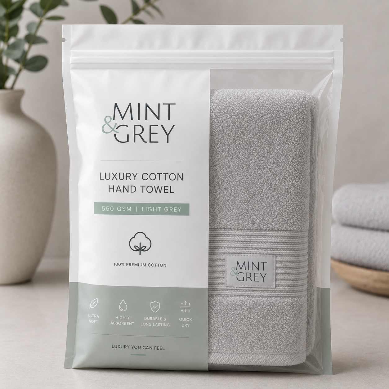 MintnGrey Luxury Cotton Hand Towel 550 GSM | Light Grey