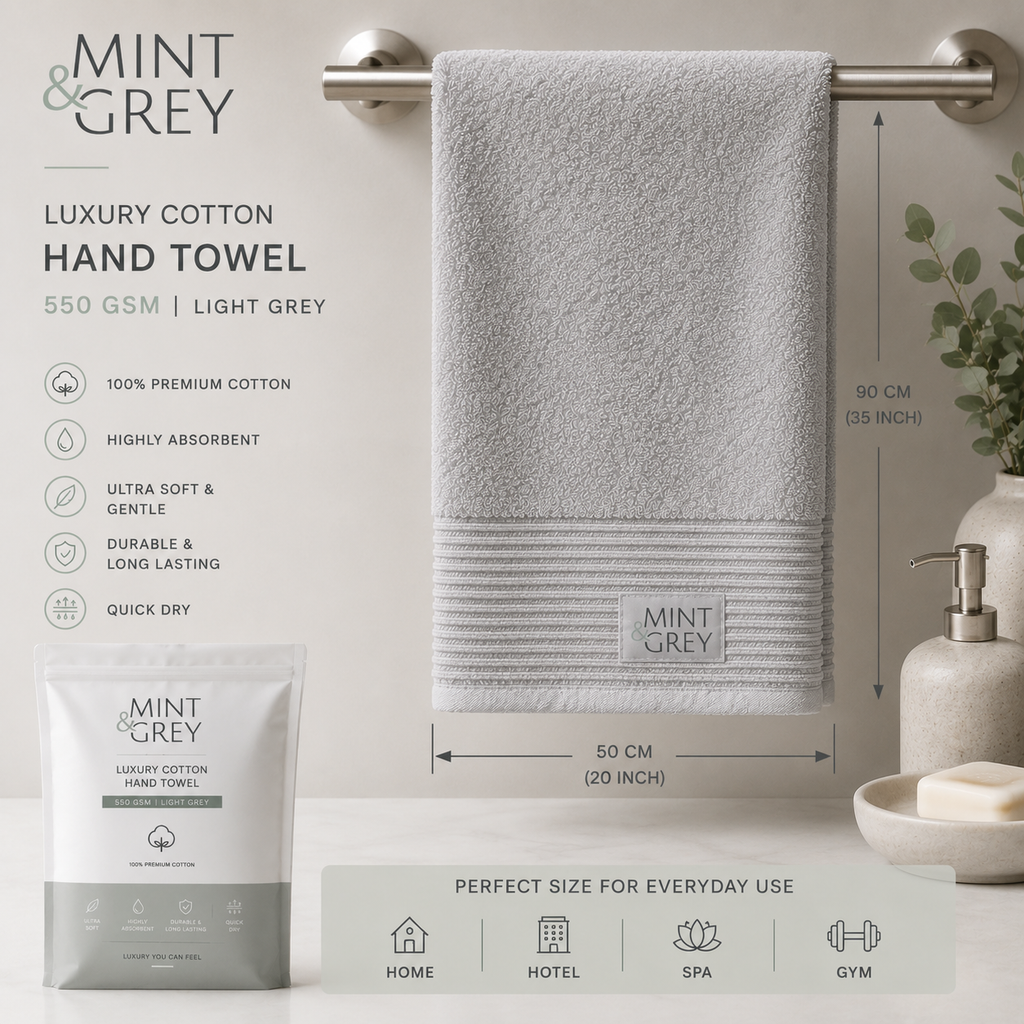 MintnGrey Luxury Cotton Hand Towel 550 GSM | Light Grey