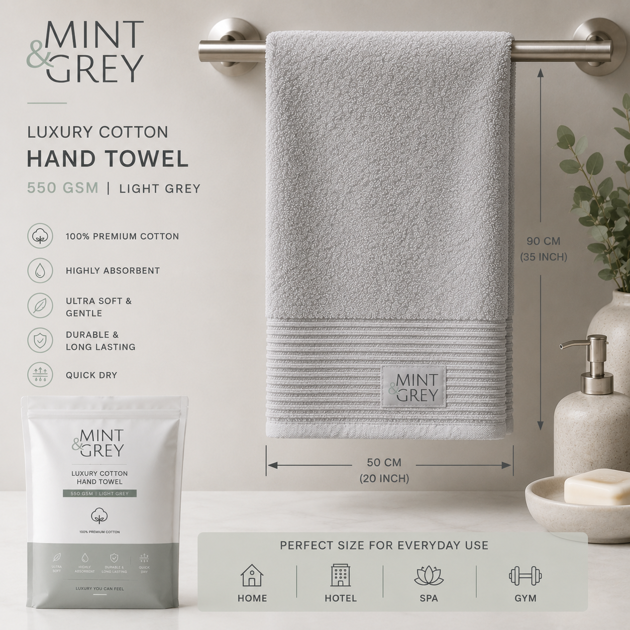 MintnGrey Luxury Cotton Hand Towel 550 GSM | Light Grey