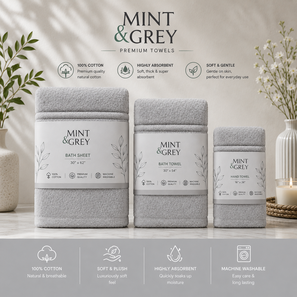 MintnGrey Luxury Cotton Towel Set - Light Grey