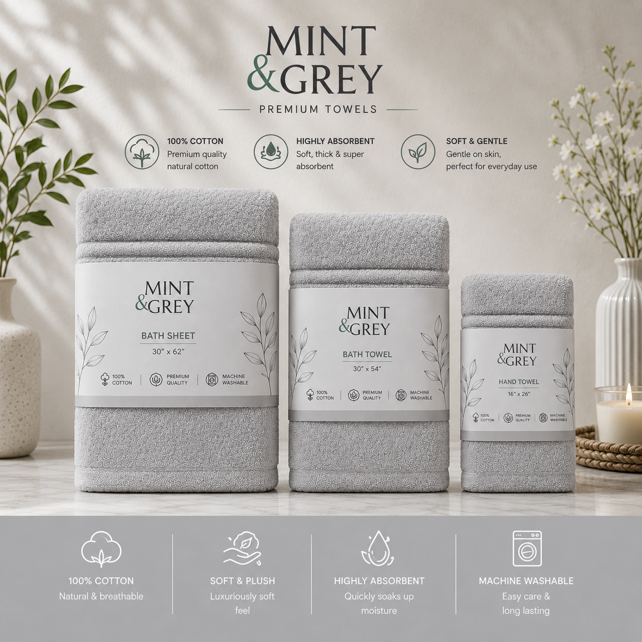 MintnGrey Luxury Cotton Towel Set - Light Grey