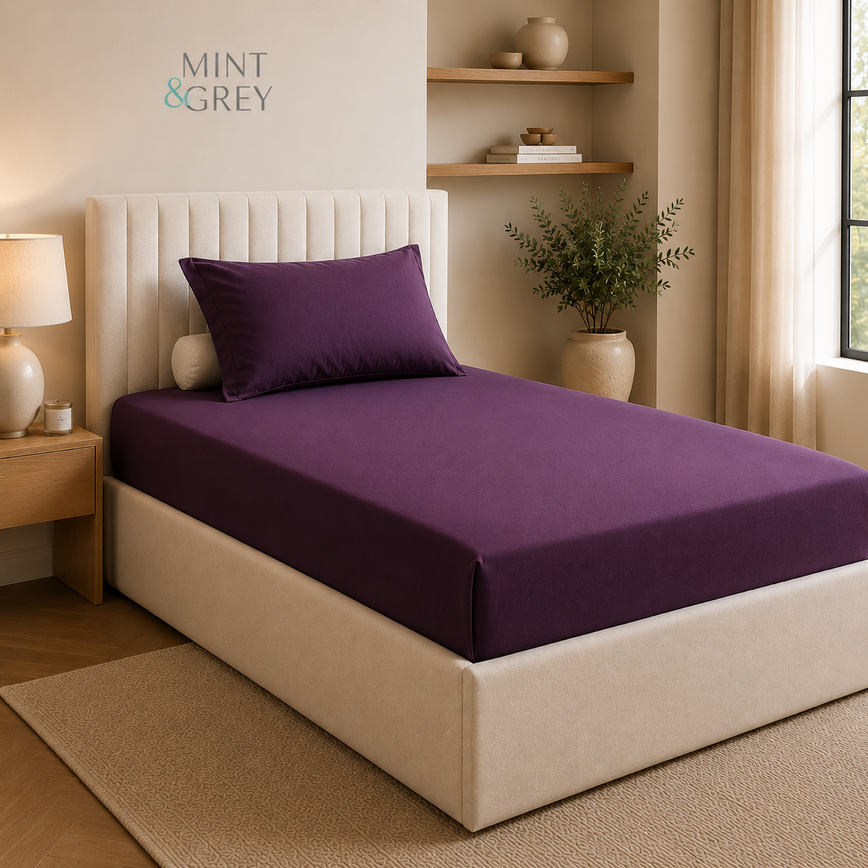 MintnGrey Luxury Cotton satin 150 Thread Count bed sheet Single - Purple