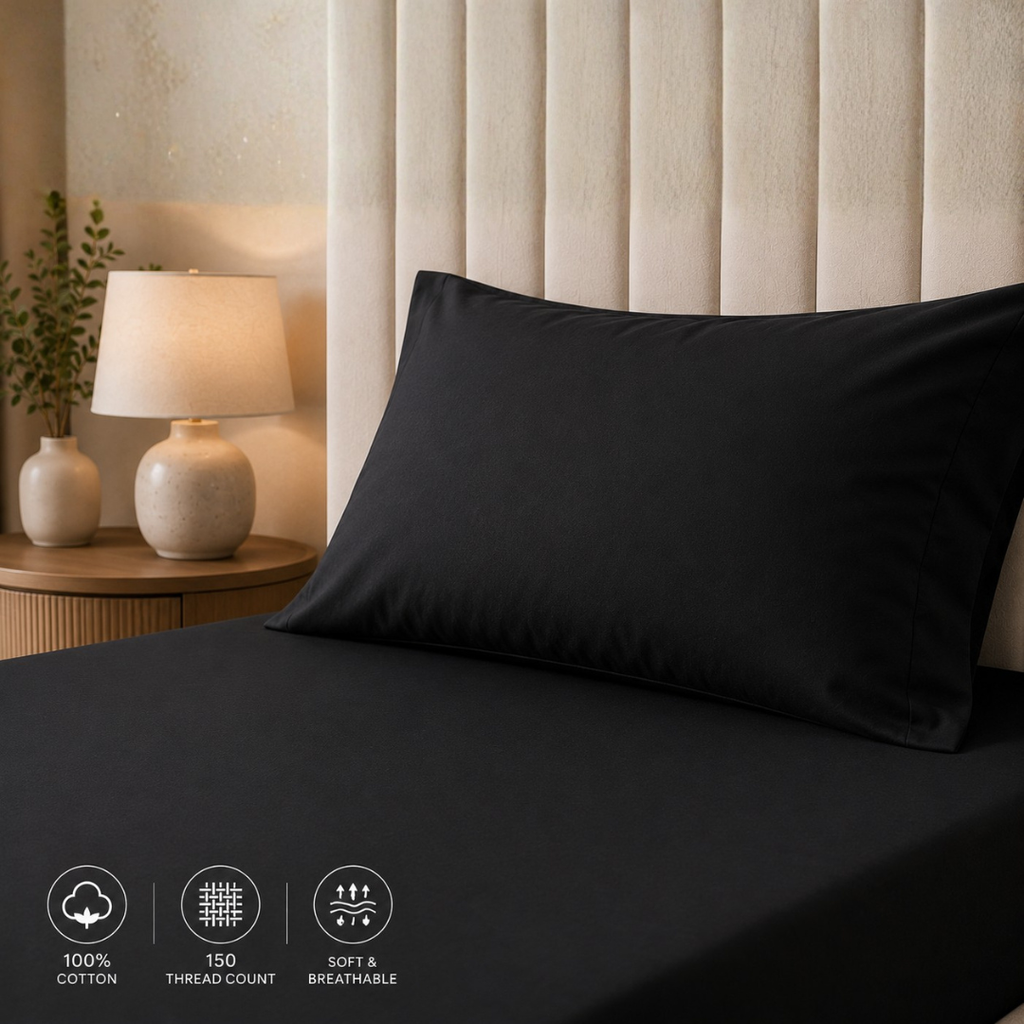 MintnGrey Luxury Cotton satin 150 Thread Count bed sheet Single - Black
